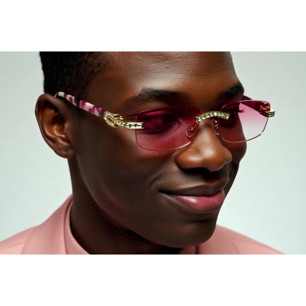 Rhinestone Rimless Sunglasses Pink Lens Fashion Designer Eyewear Women Men Gafas